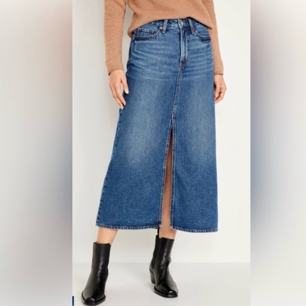 Old Navy NWT Mid-Rise Denim‎ Jean Maxi Skirt Split Front Med Wash Blue Women's 8